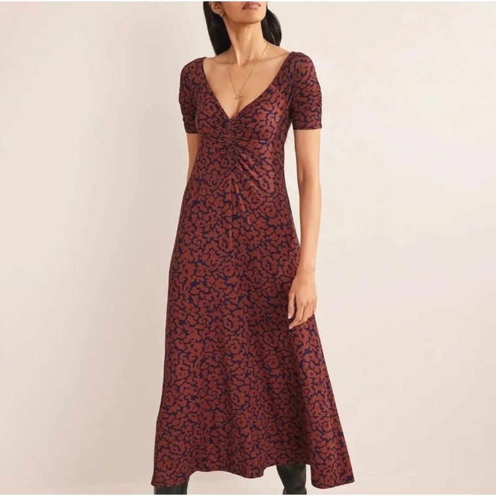 Boden Women's Ruched Jersey Midi Dress Spiced Apple Abstract UK12R US8R